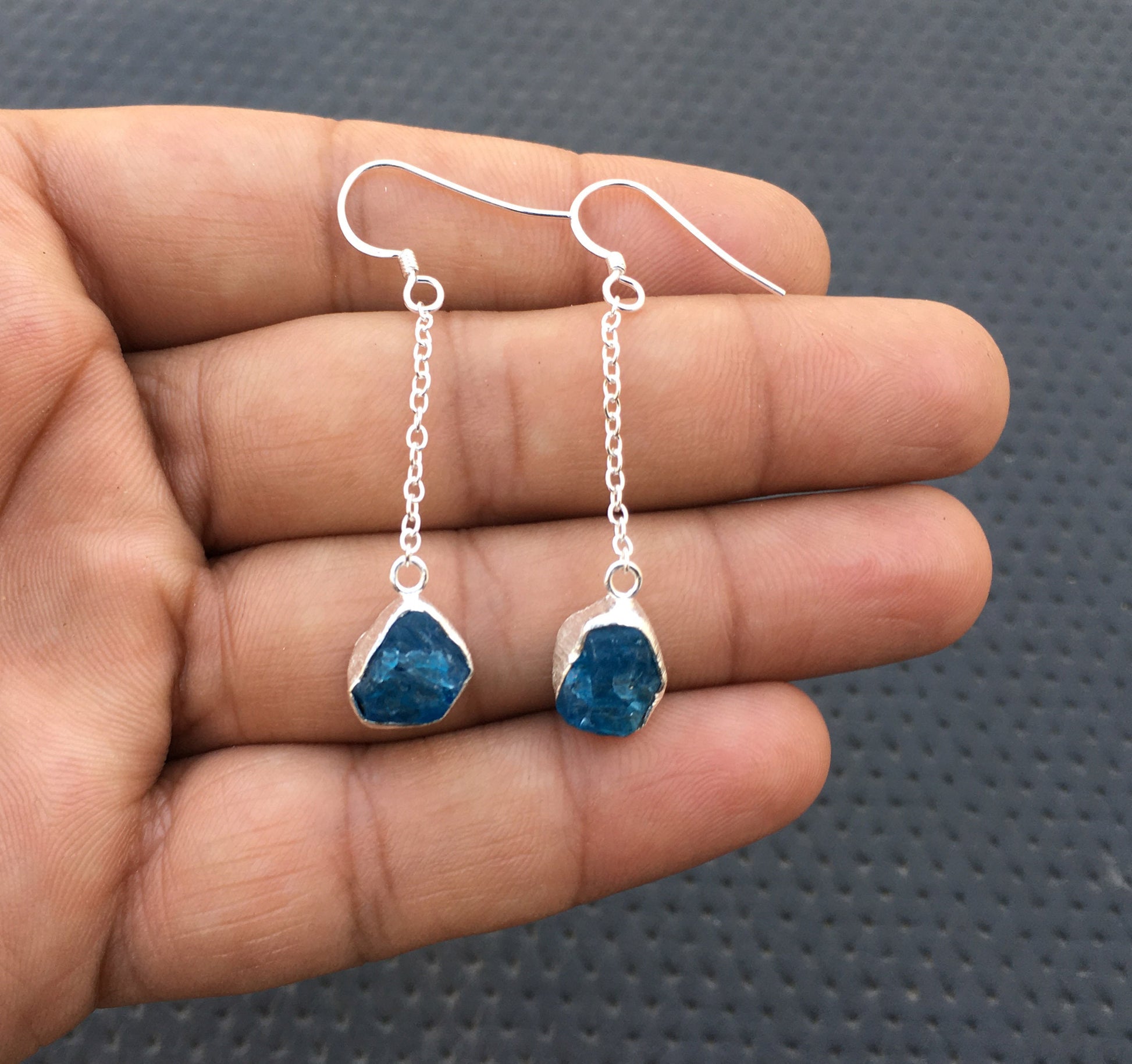 92.5 Sterling Silver Earring Threaders, Natural Neon Apatite Gemstone Rough, Rough Threaders, Silver Threaders, Genuine Neon Apatite Rough