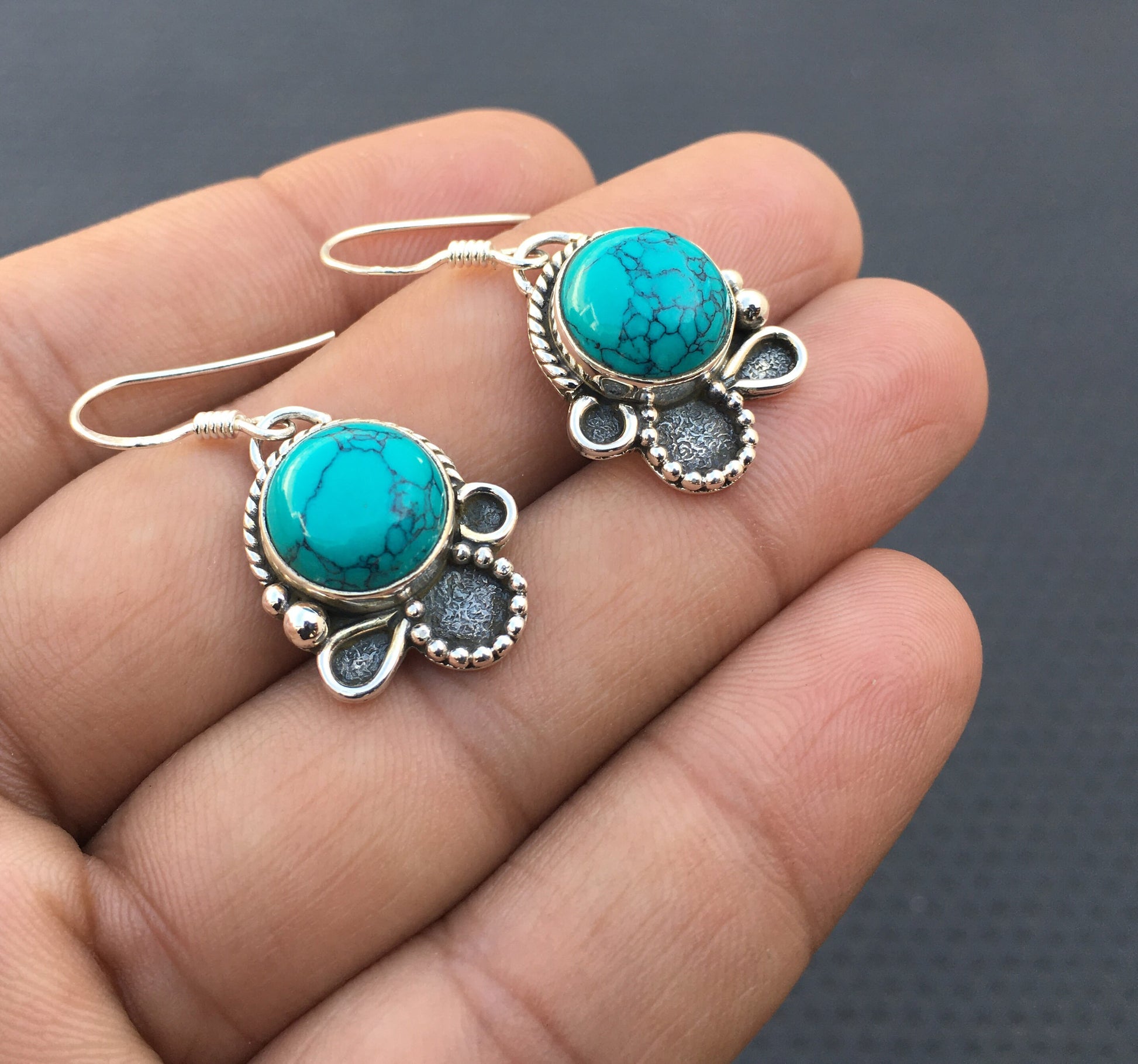 92.5 Sterling Silver 1 Pair Dangle Earring, Turquoise Gemstone Earring, Smooth Round Shape Turquoise, Silver Dangling Earring Wholesale