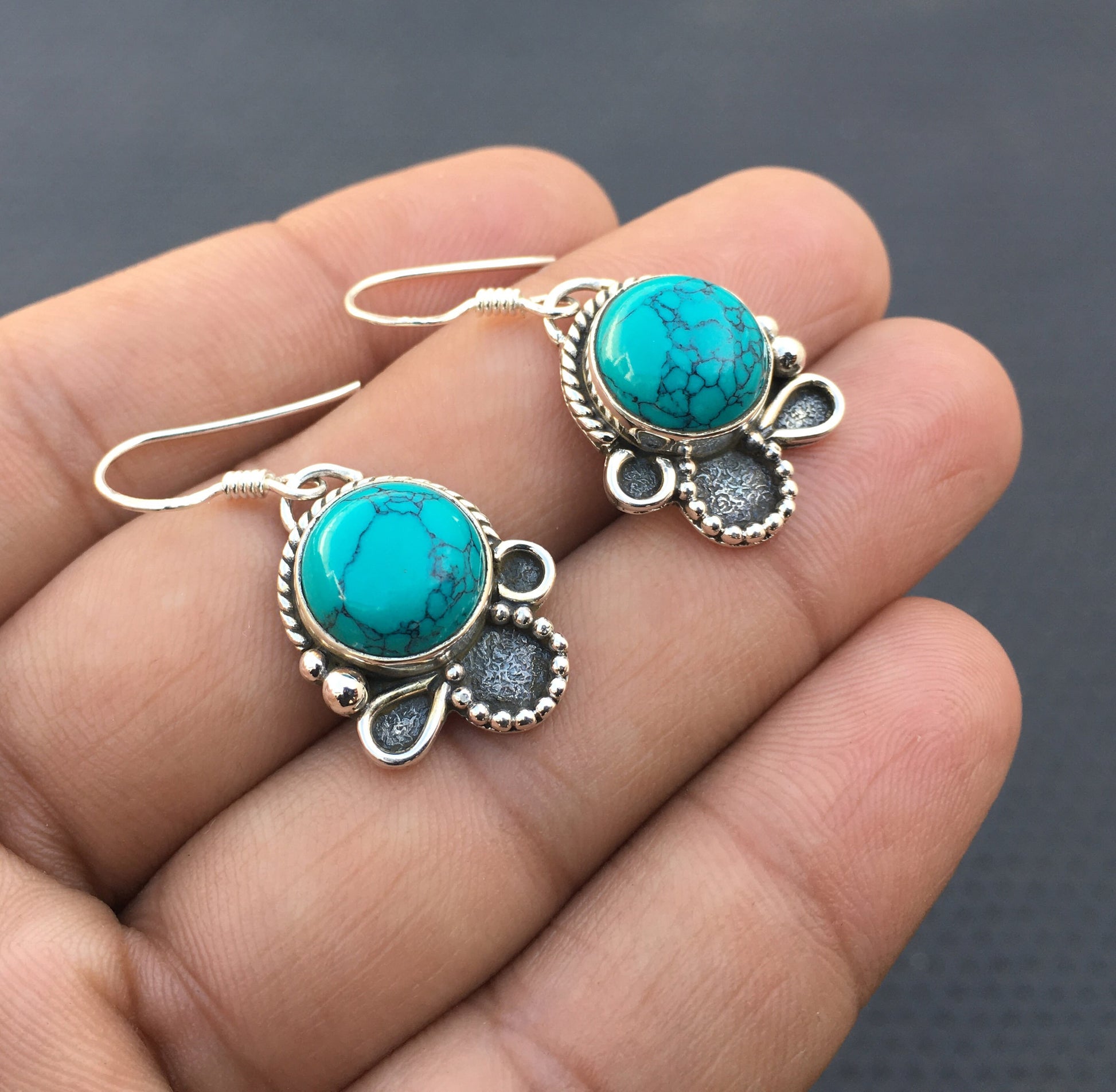 92.5 Sterling Silver 1 Pair Dangle Earring, Turquoise Gemstone Earring, Smooth Round Shape Turquoise, Silver Dangling Earring Wholesale