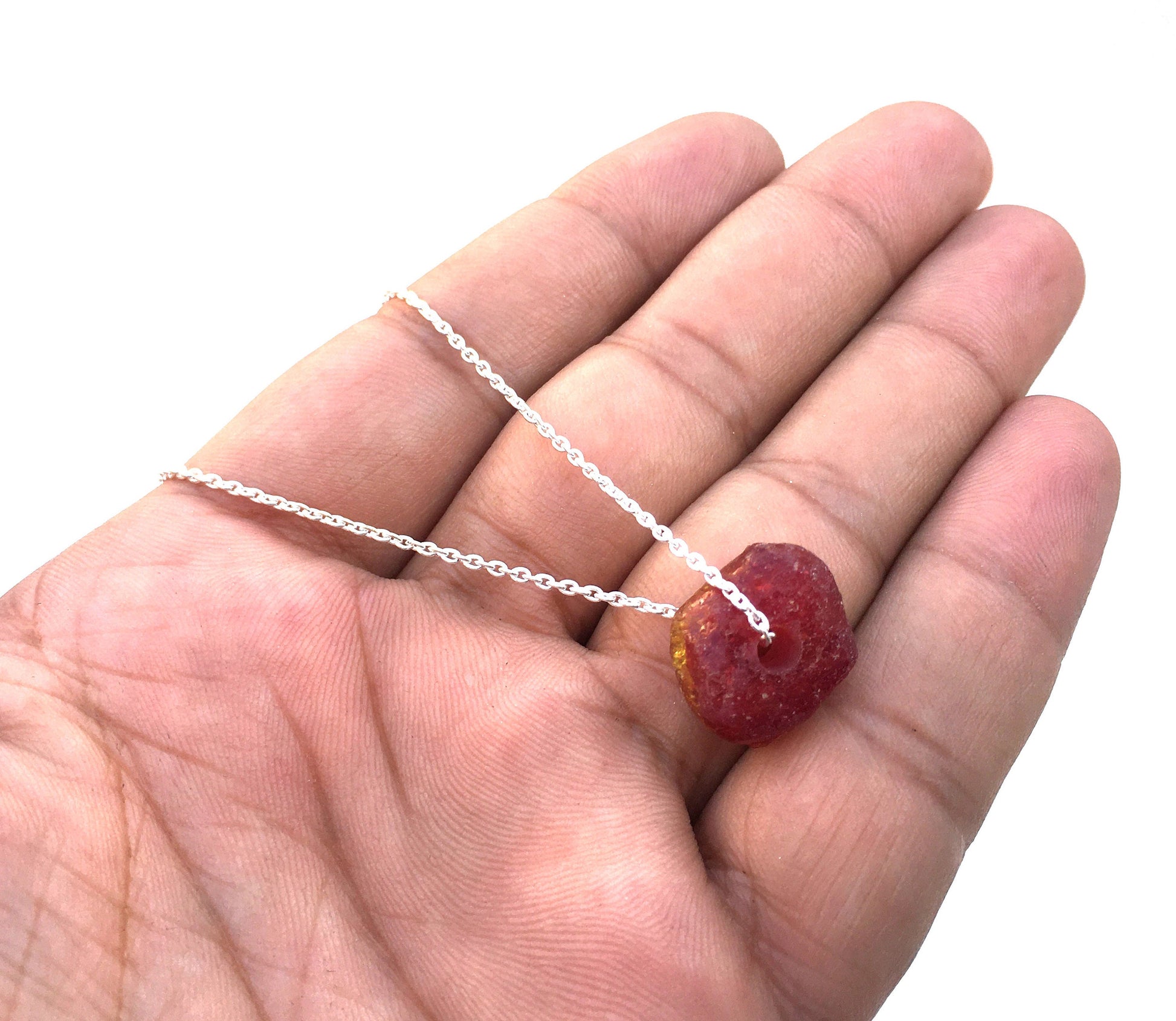 92.5 Sterling Silver Chain Necklace,Pink Sapphire Rough Necklace, Glass Filled Sapphire Raw Gemstone, 18"Long Sapphire Rough Stone Necklace