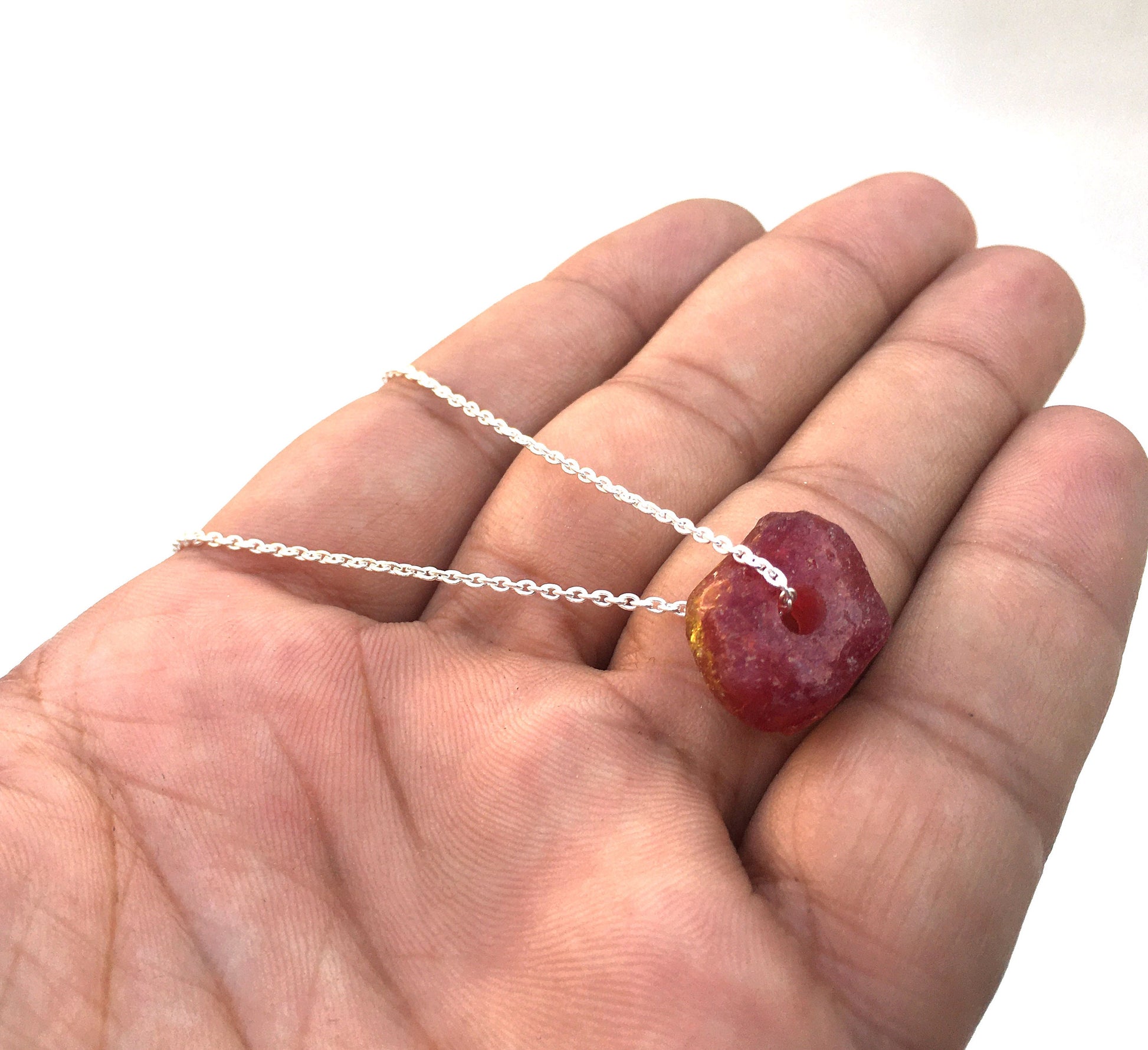 92.5 Sterling Silver Chain Necklace,Pink Sapphire Rough Necklace, Glass Filled Sapphire Raw Gemstone, 18"Long Sapphire Rough Stone Necklace