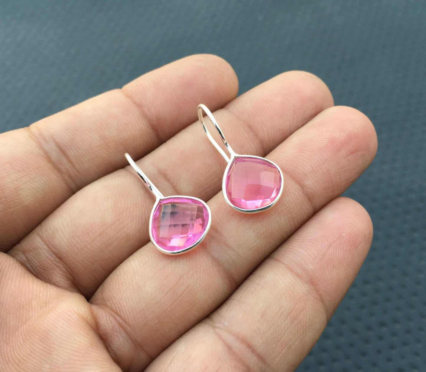 92.5 Sterling Silver Earring, Baby Pink Hydro Quartz Earrings,Heart shape Pink Hydro Quartz, Pink earring Gift For Friends , Hydro Jewelry