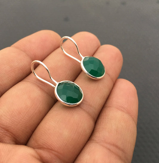 Natural Green Onyx Gemstone 92.5 Sterling Silver 1 Pair Dangle,Best quality Faceted Round shape Green Onyx Earring Dainty Silver Earring