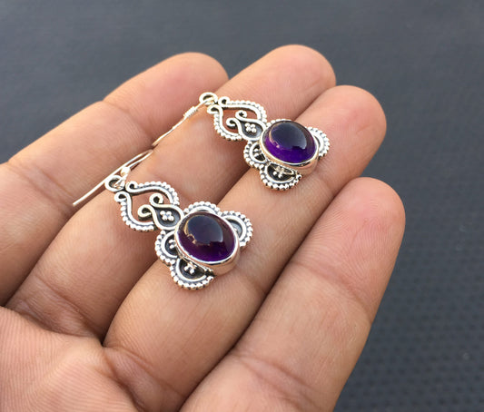 Genuine Amethyst Earrings Gift for Sister 92.5 Sterling Silver Dangle Earring,Beautiful 1 Pair Natural Amethyst Oval Gemstone Silver Earring