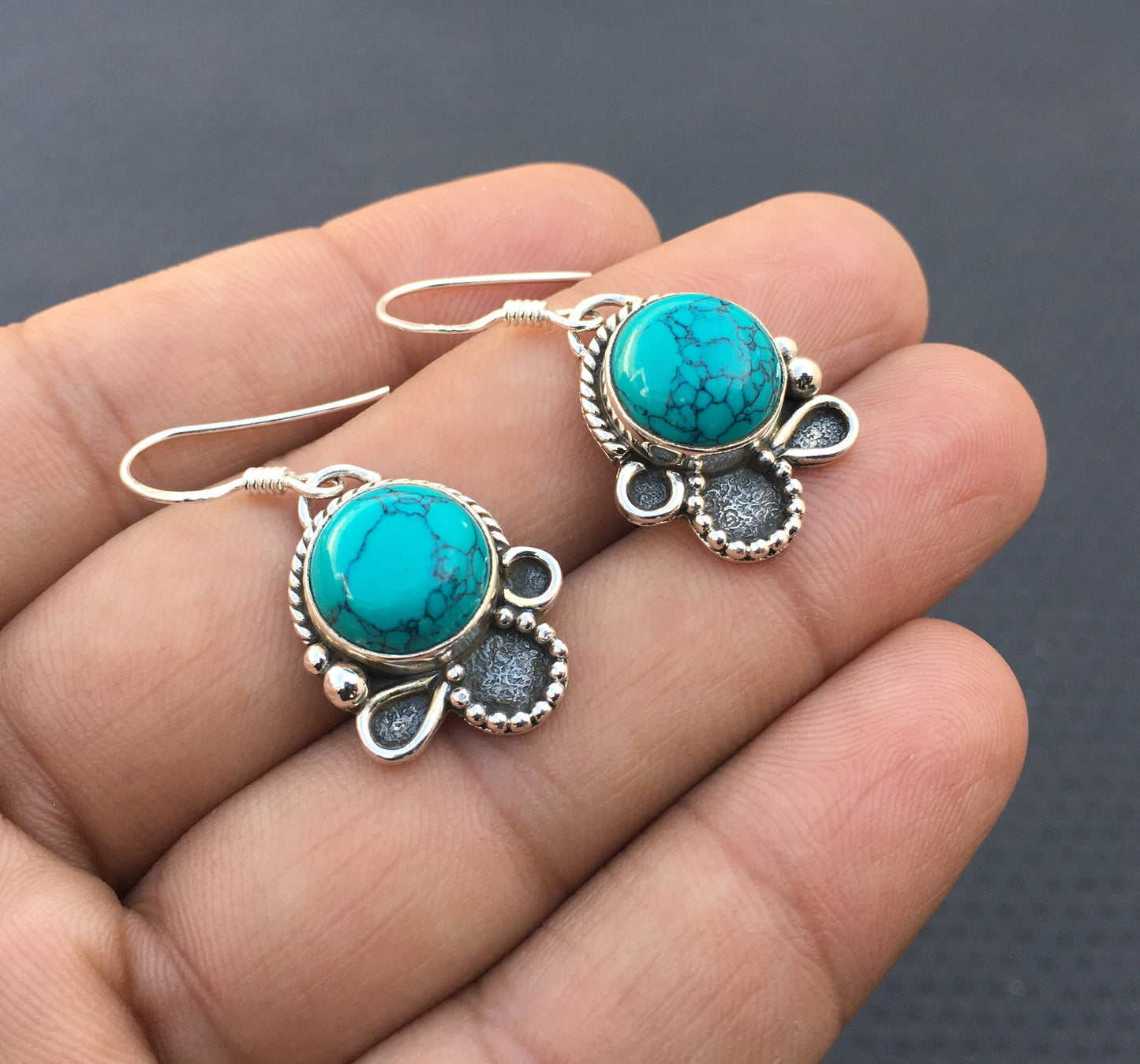 92.5 Sterling Silver 1 Pair Dangle Earring, Turquoise Gemstone Earring, Smooth Round Shape Turquoise, Silver Dangling Earring Wholesale