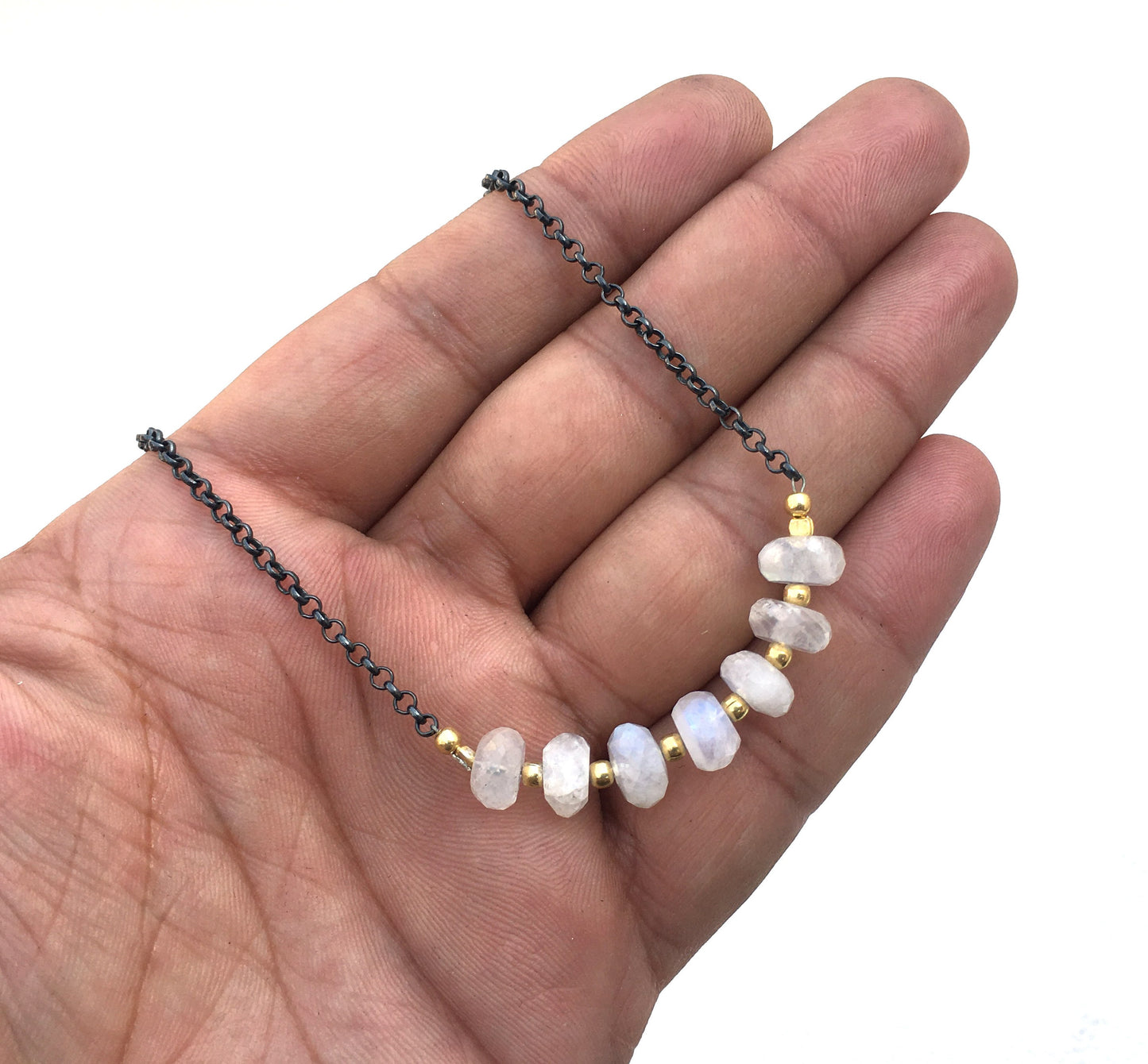 Oxidized Rolo Chain 18" Long Beaded Necklace,Natural Rainbow Moonstone, Faceted Round Beads, Beaded Bar Necklace, Blue Fire Beads Necklace,