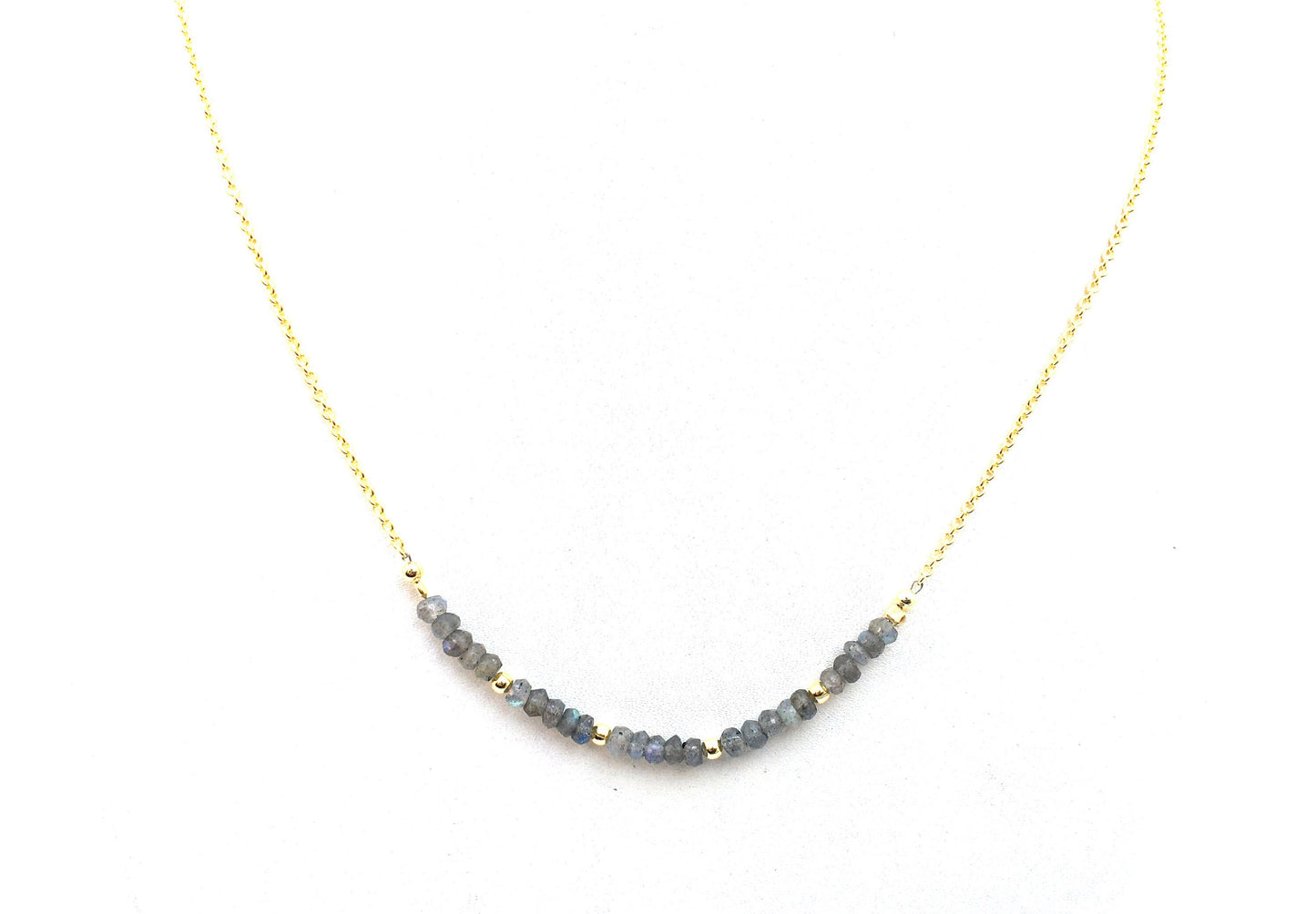 92.5 Sterling Silver Gold Polished 20"Long Beaded Bar Necklace, Natural Labradorite Gemstone, Faceted Rondelle Beads Necklace Blue Fire Bead