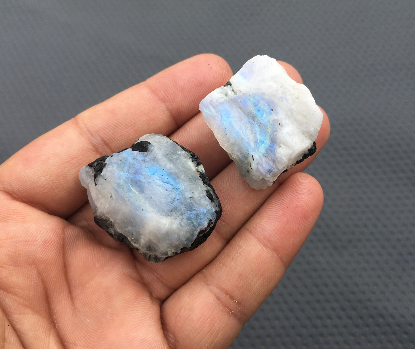 Radiance Gemstone Raw Fantastic Specimen 2 Pieces Natural Rainbow Moonstone,Specimen Rough,Size 26x26-29x35 MM Unpolished Rainbow Moonstone