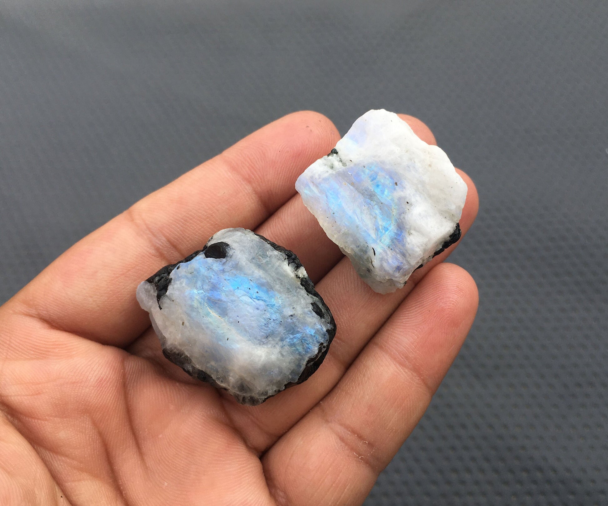 Radiance Gemstone Raw Fantastic Specimen 2 Pieces Natural Rainbow Moonstone,Specimen Rough,Size 26x26-29x35 MM Unpolished Rainbow Moonstone