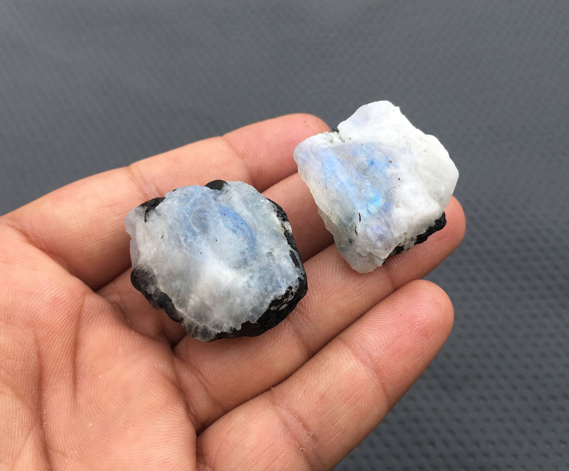 Radiance Gemstone Raw Fantastic Specimen 2 Pieces Natural Rainbow Moonstone,Specimen Rough,Size 26x26-29x35 MM Unpolished Rainbow Moonstone