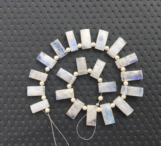 Lovely And Great Quality 21 Pieces Blue Fire Natural Rainbow Moonstone Size 6x14-8x17 MM Faceted Blue Fire Rectangle Shape Jewelry Beads