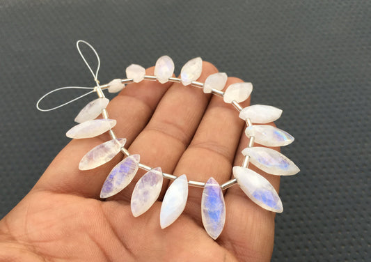 Blue Flashes Are Prominent 14 Pieces Marquise Shape Briolette Beads 1 Strand Natural Rainbow Moonstone Size 6x16-8x20 MM Faceted Moonstone