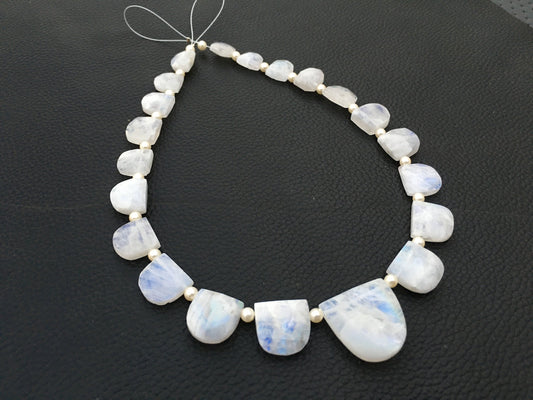 21 Pieces Super Fine Quality 1 Strand Natural Rainbow Moonstone Half Oval Shape Faceted Briolette U Beads,Blue Fire Size 9x10-21x21 MM Beads