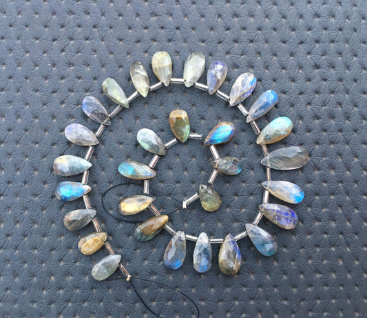 Natural Labradorite Gemstone 28 Piece Faceted Pear Shape Bead Blue Flash Size 5x11-8x17 MM Making Flashy Jewelry Garden Stone Briolette Bead