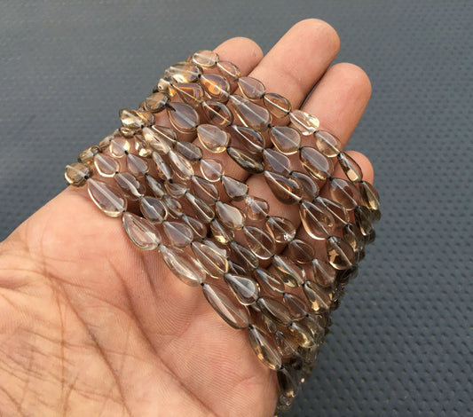 14"Long Strand Smooth Pear Briolette Beads Natural Smoky Quartz Gemstone Full Drilled Bead Size 5x7-7x10 MM Smoky Briolette Beads Wholesale