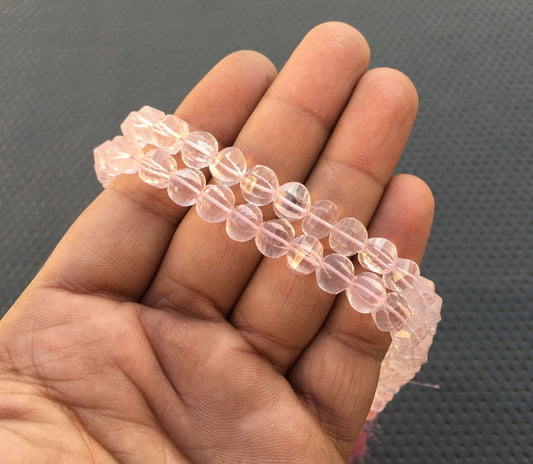 8"Long Strand Faceted Fancy Beads 27 Pieces Natural Rose Quartz Gemstone Carved Rondelle Beads Faceted Beads Size 7-8 MM PINK quartz Beads