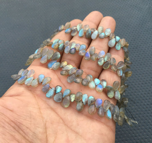 8"Long Strand Faceted Beads Blue Fire Pear Shape Briolette Beads Natural Labradorite Gemstone Best quality Blue Flash Size 5x8-6x10 MM Beads