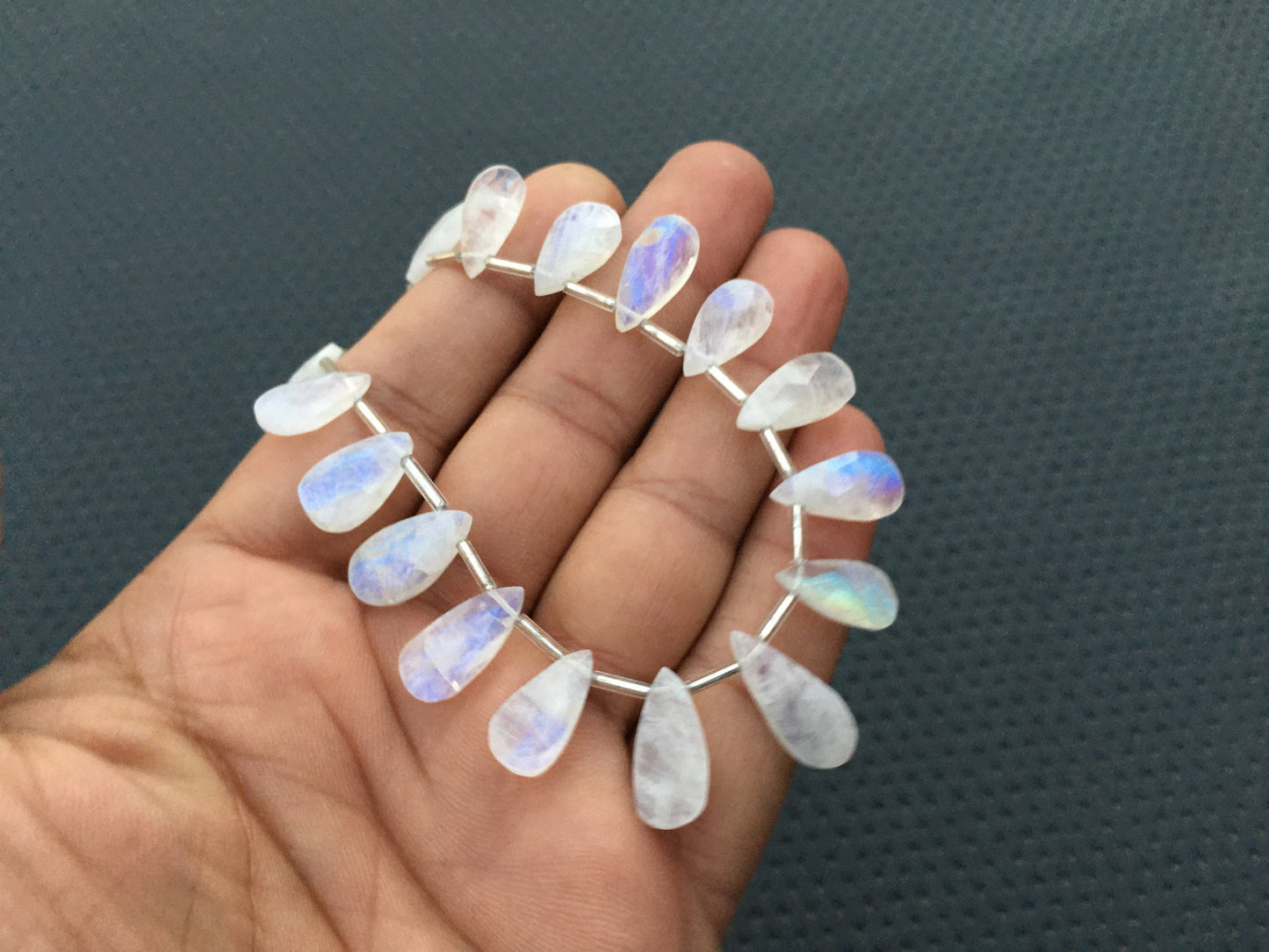 AAA Quality 1 Strand Natural Rainbow Moonstone Pear Shape Faceted Beads Blue Fire Moonstone Size 7x14-8x19 MM 21 Pieces Rainbow Moonstone