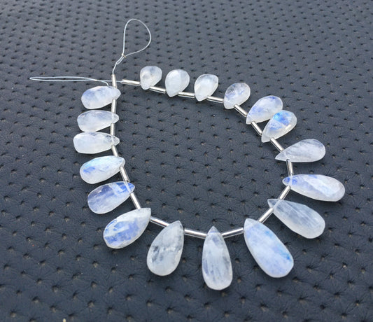 Natural Rainbow Moonstone Gemstone 18 Pieces Blue Fire Genuine Quality Faceted Pear shape Briolette Beads Size 8x15-10x19 MM Moonstone Beads