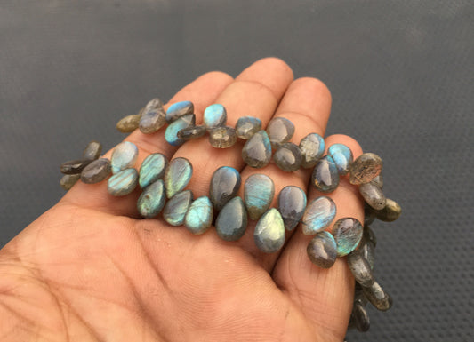 Brilliant value Top Glorious with Blue Reflection 8"Long Strand Natural Labradorite Gemstone Smooth Pear Shape Size 6x9-8x12 MM Blue Flashy