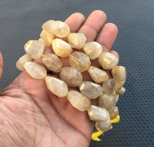 10"Long Strand Natural Golden Rutile Hair Quartz Beads Faceted Nugget Nuggets Shape Beads Size 15x17-16x20 MM Golden Hair Rutile Gemstone