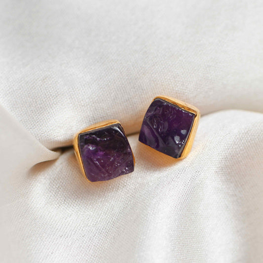 92.5 Silver Gold Polish Studs Earring,Natural Purple Amethyst Earrings,Size 8 MM Square Shape Raw,Handmade Stud Earring February Birthstone